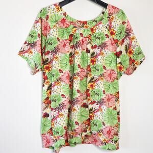 Anthony Richards Size 3X Top Tropical Print Short Sleeve Blouse Pink Green